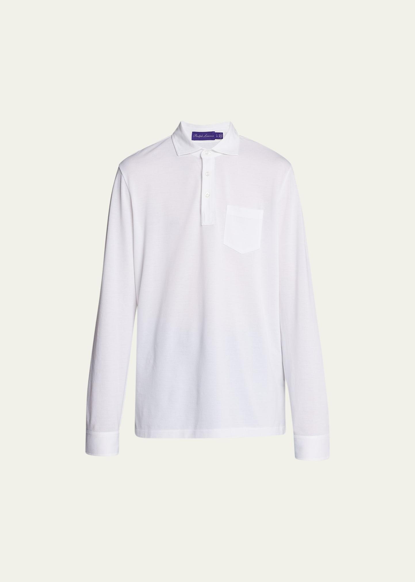 Mens Washed Long-Sleeve Pocket Polo Shirt, White Product Image