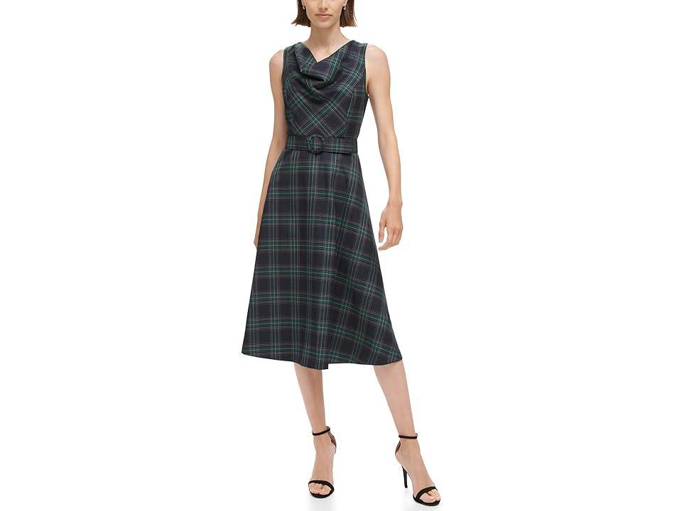 Vince Camuto Plaid Cowl Neck Fit-and-Flare Belted Midi Dress (Navy Multi) Women's Clothing Product Image