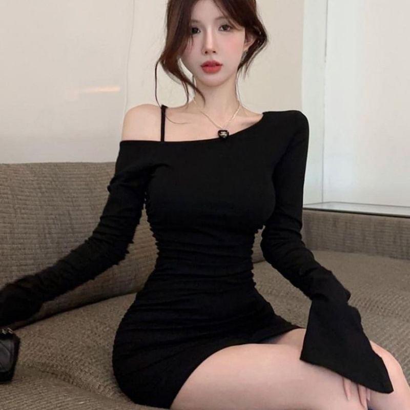 Flared-Sleeve Cold-Shoulder Plain Mini Sheath Dress Product Image