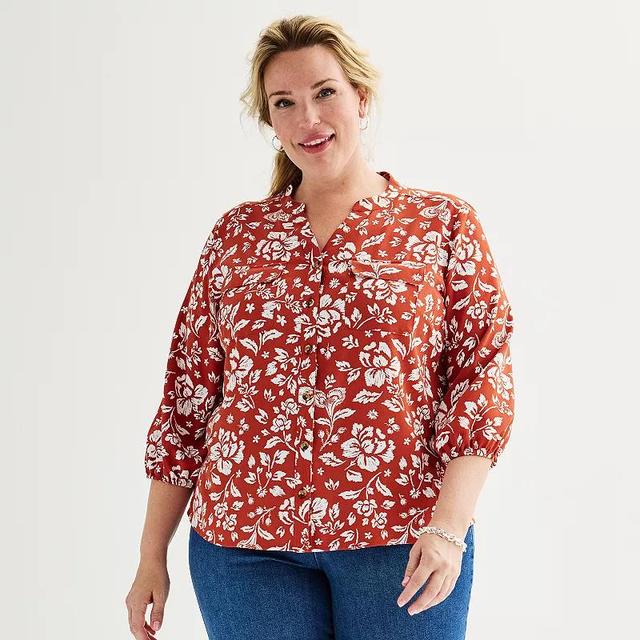 Plus Size Croft & Barrow Y Neck Button Front Blouse, Womens Blue Blooms Product Image