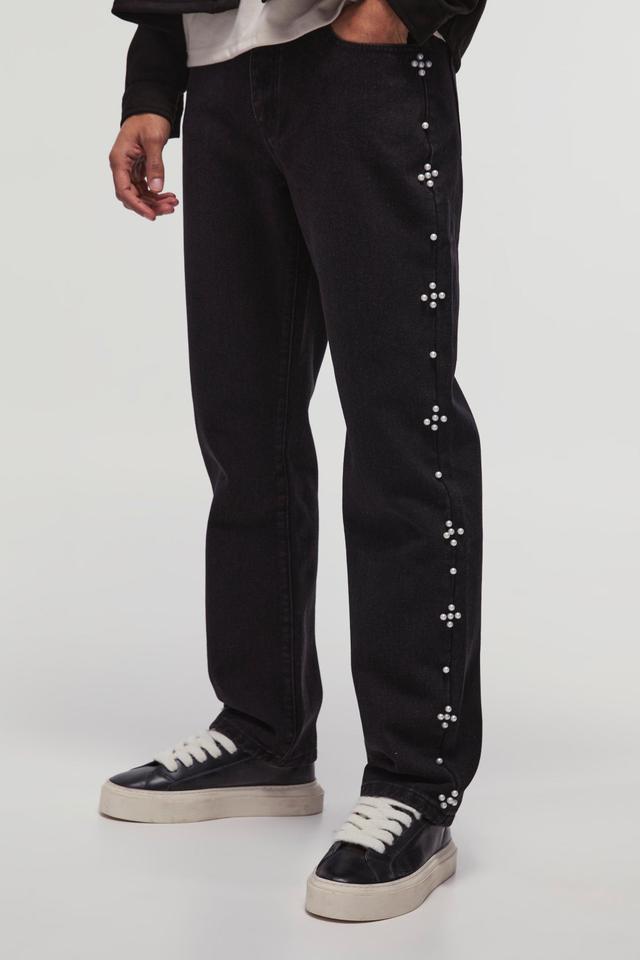 Straight Leg Cross Pearl Jeans | boohooMAN USA Product Image