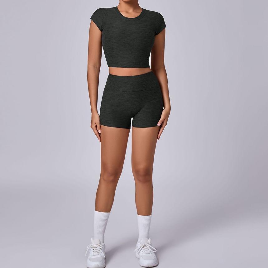 Set: Long-Sleeve Crew Neck Melange Crop Sports Top + High Waist Biker Shorts Product Image