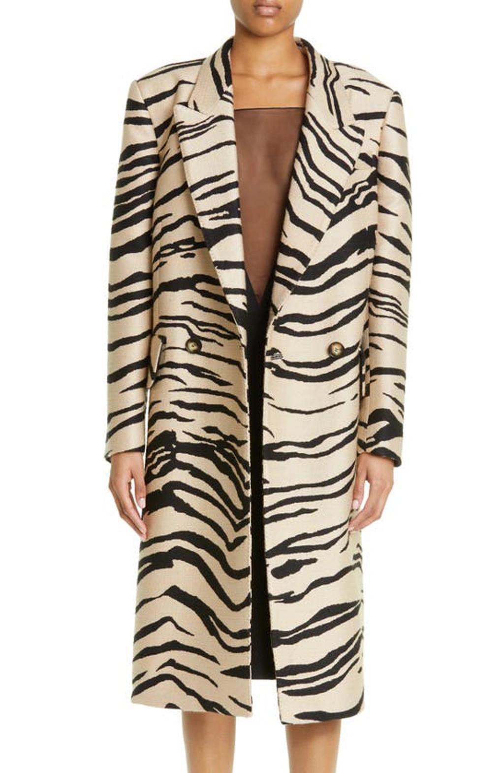 Tiger-print Padded-shoulder Regular-fit Woven Coat In Raffia Product Image