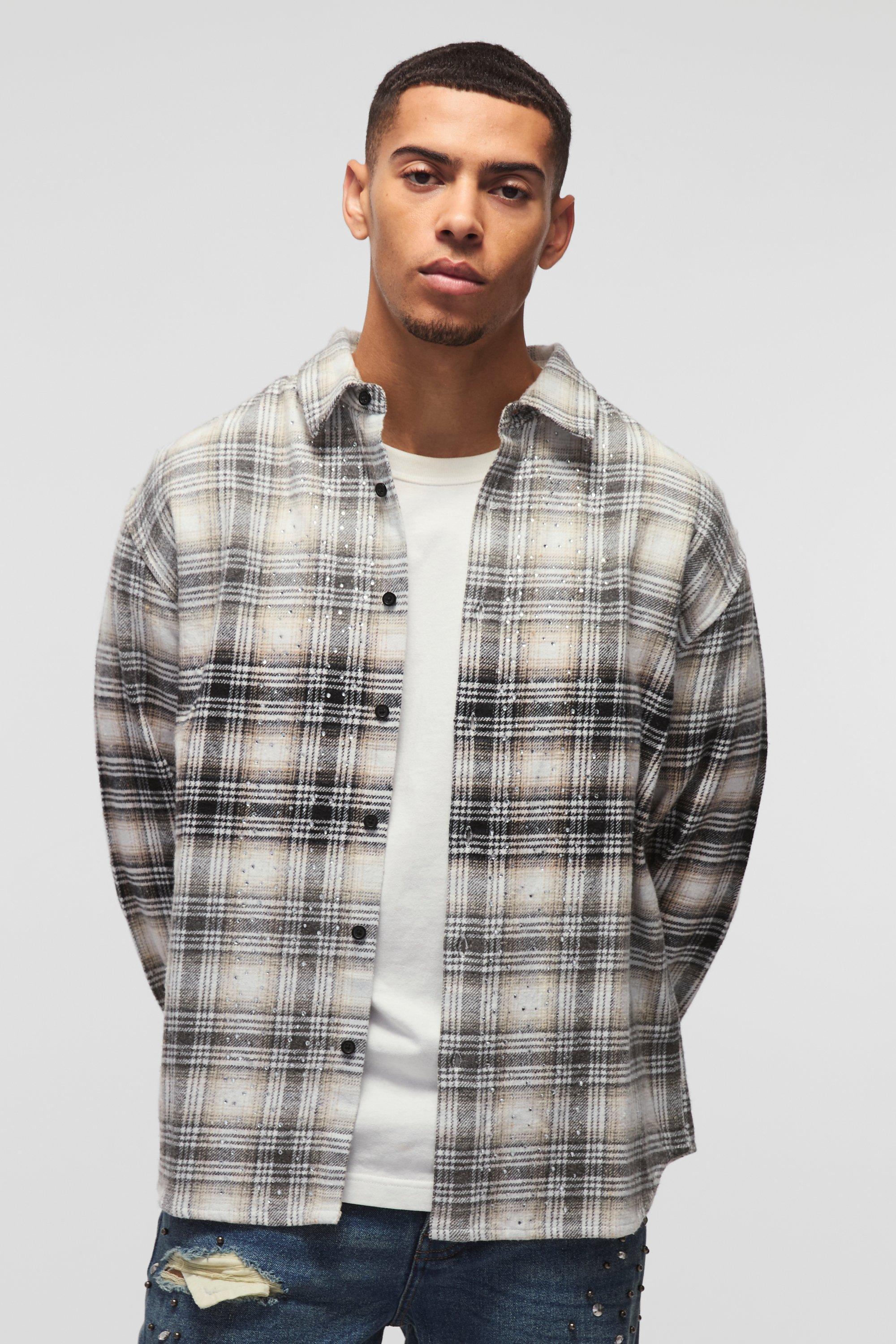 Mens Beige Oversized Rhinestone Washed Checked Shirt, Beige Product Image