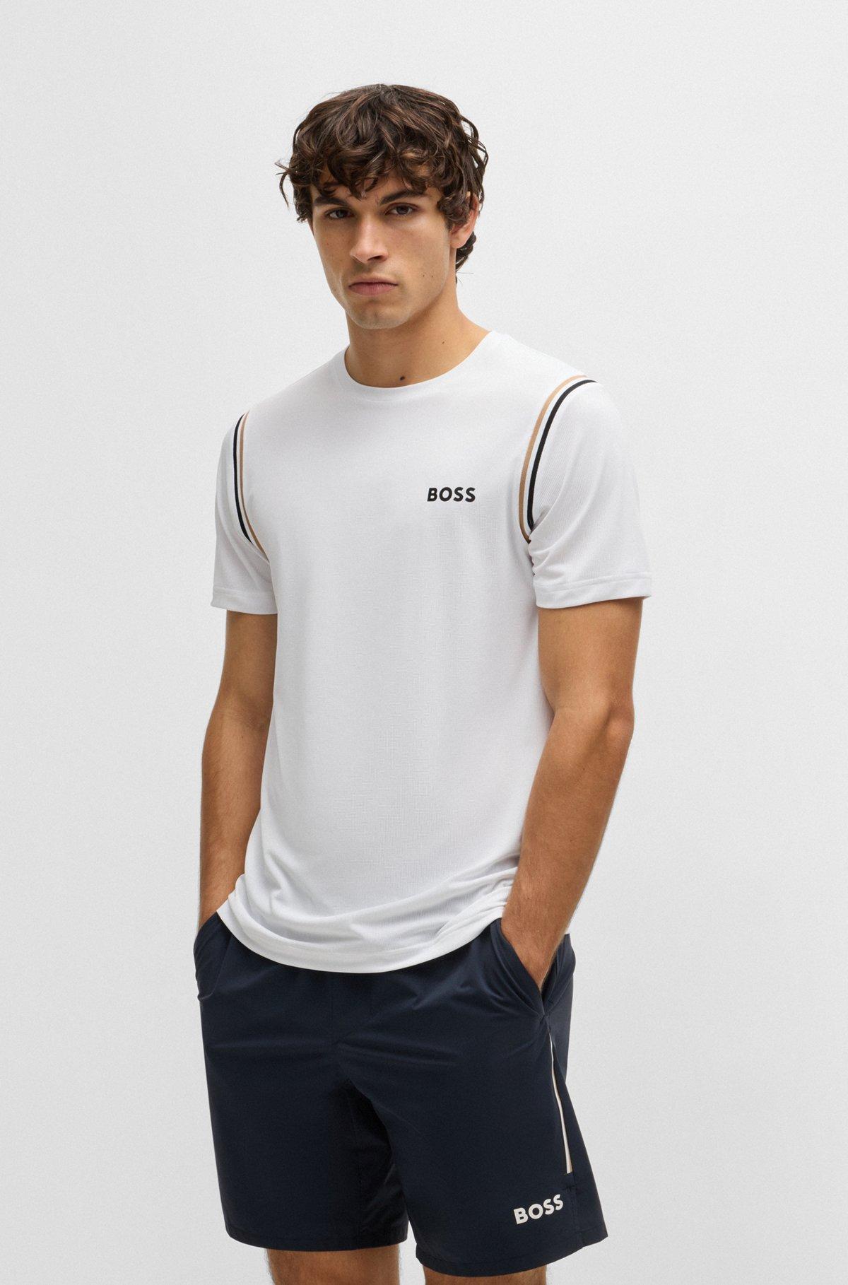 BOSS - Active waffle-structure T-shirt with signature stripes - White Product Image