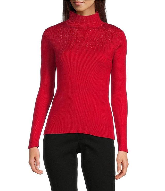 Calvin Klein Studded Mock Neck Long Sleeve Knit Top Product Image