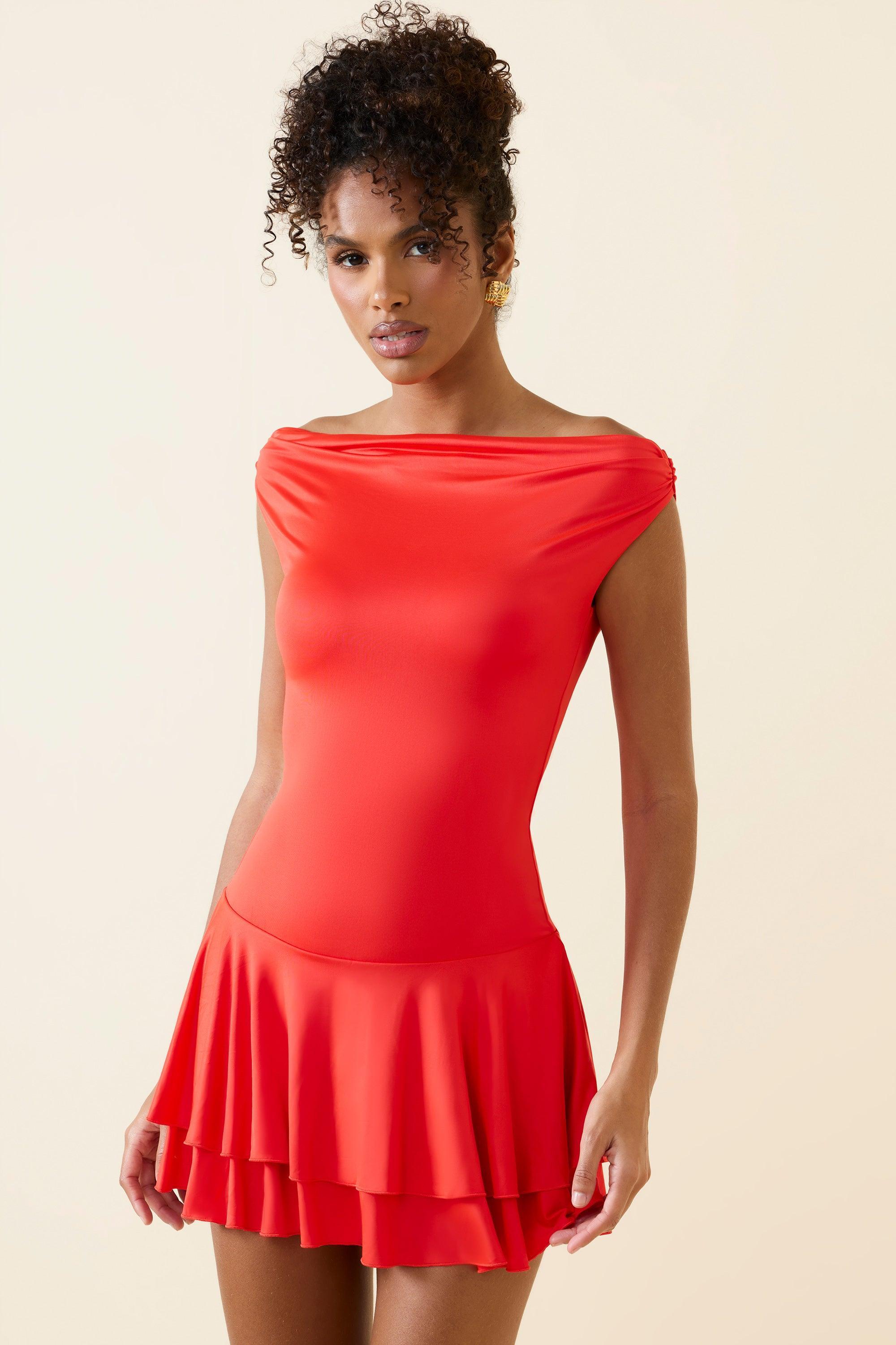 Off-Shoulder Ruffled Mini Dress in Scarlet Product Image