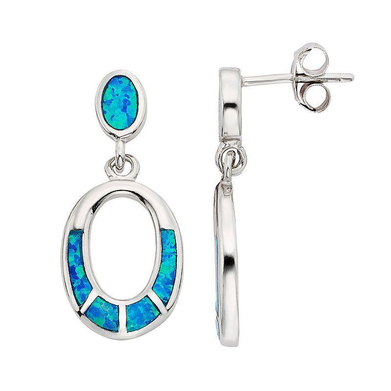 Lab-Created Blue Opal Sterling Silver Oval Hoop Drop Earrings, Womens Product Image