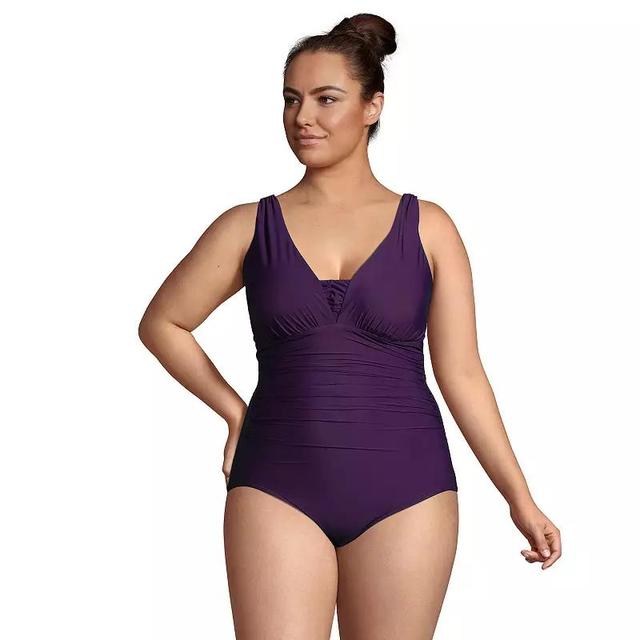 Plus Size Lands End Grecian Slendersuit Tummy Control One-Piece Swimsuit, Womens Purple Product Image