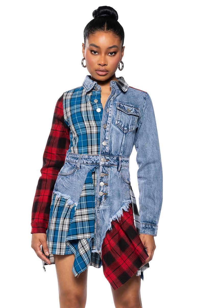 PATCHWORK PLAID DENIM MINI DRESS Product Image