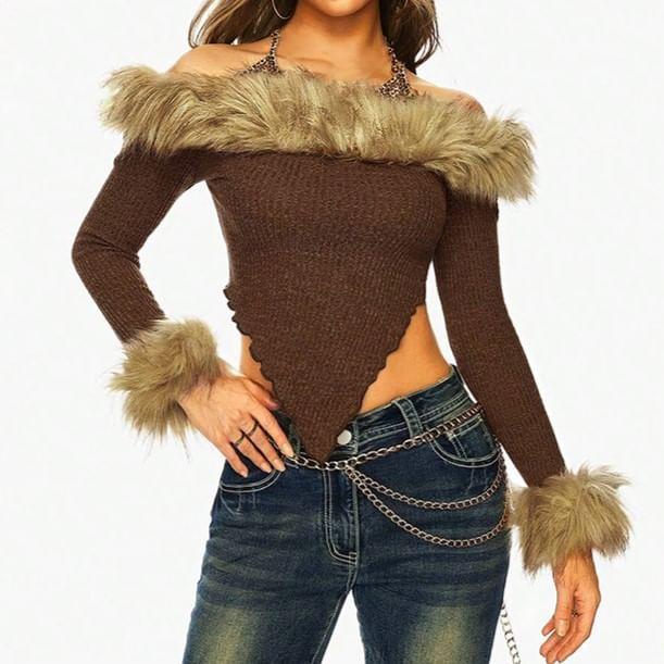 Long-Sleeve Halter Neck Faux Fur Plain Crop Top Product Image