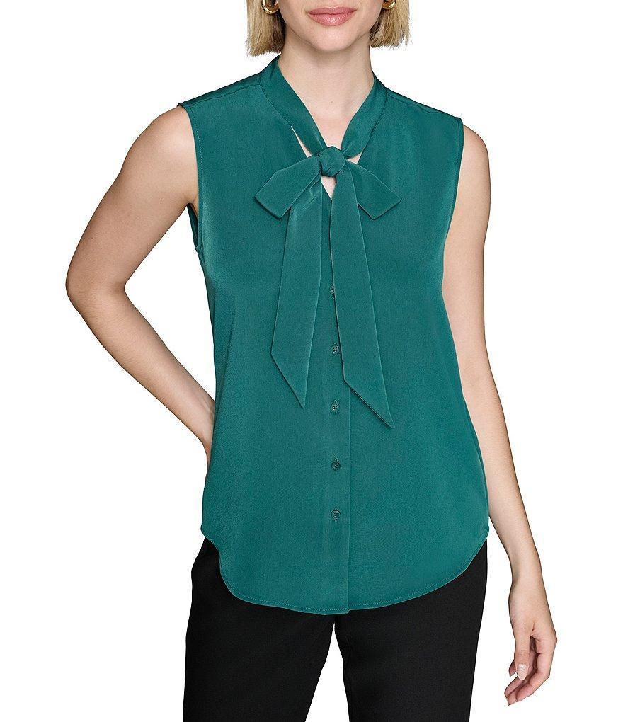 KARL LAGERFELD PARIS Solid Woven Tie Neck Sleeveless Button Down Blouse product image