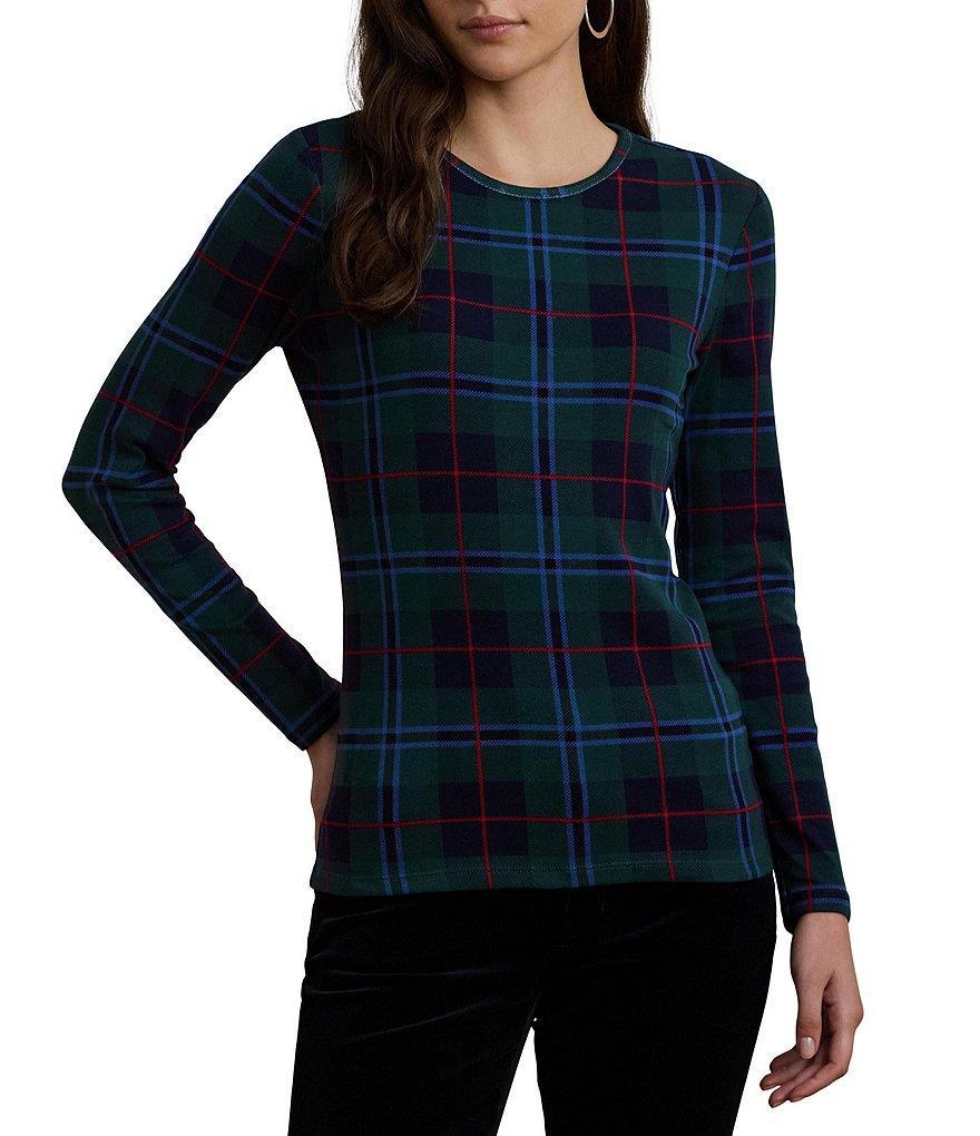 Lauren Ralph Lauren Stretch Cotton Plaid Print Crew Neck Long Sleeve Top Product Image