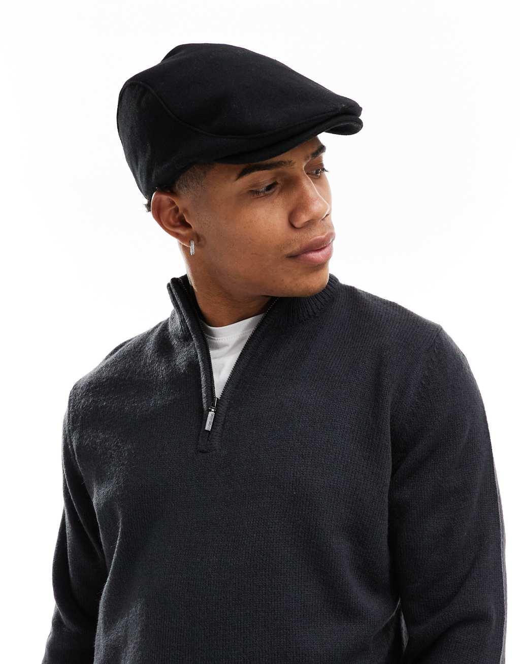 ASOS DESIGN flat cap in black melton Product Image