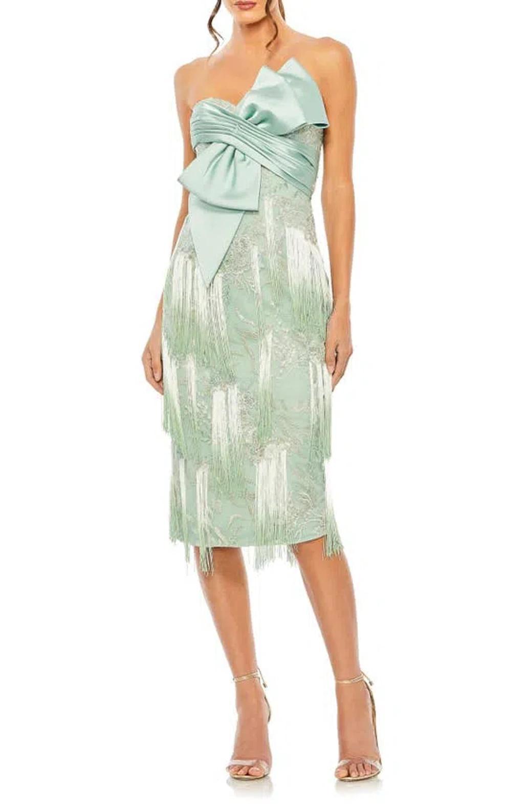 Bow Front Strapless Fringe Midi Dress In Sage Product Image