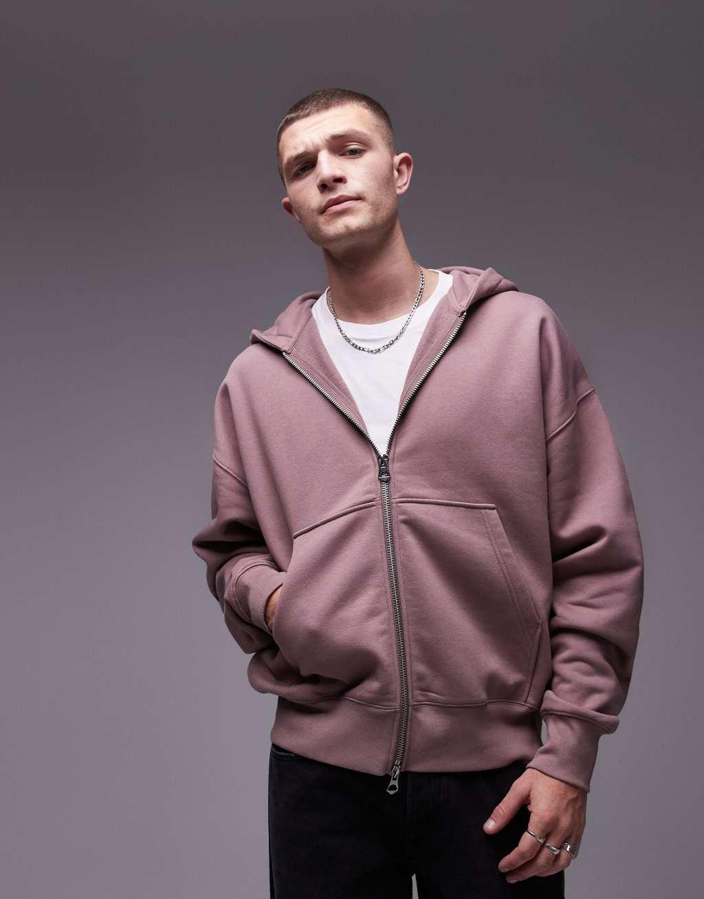 Topman premium heavyweight oversized full zip hoodie in light brown Product Image