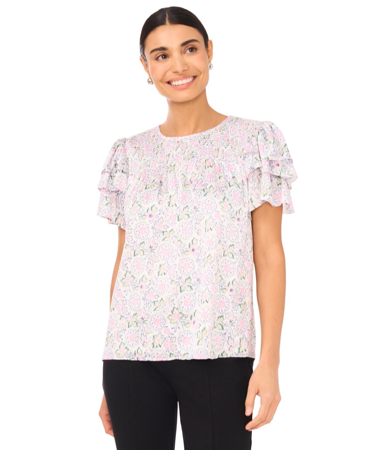 CeCe Womens Floral Smocked Yoke Flutter Sleeve Top Product Image