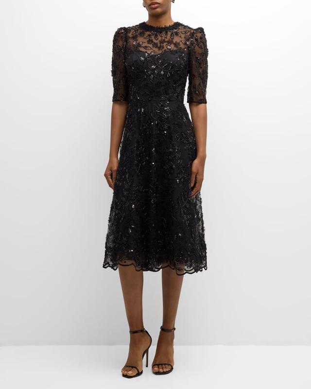 Floral Bead & Sequin Tulle Midi Dress Product Image