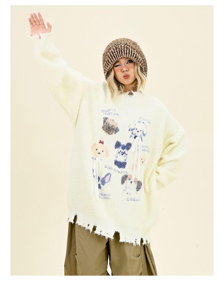 Drop Shoulder Round Neck Dog Print Distressed Oversized Sweater Product Image