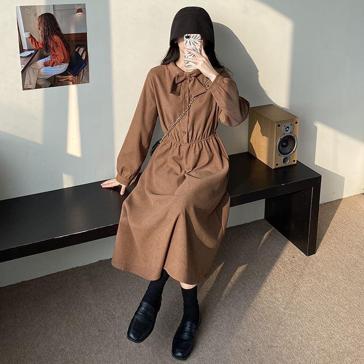 Long-Sleeve Stand Collar Plain Bow Accent Half-Buttoned Midi A-Line Dress Product Image