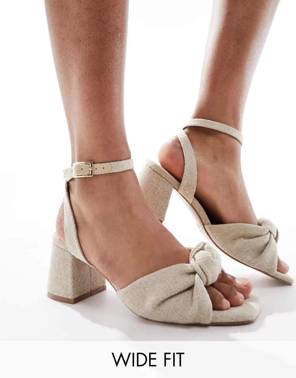 ASOS DESIGN Wide Fit Hansel knotted mid heeled sandals in natural fabrication Product Image