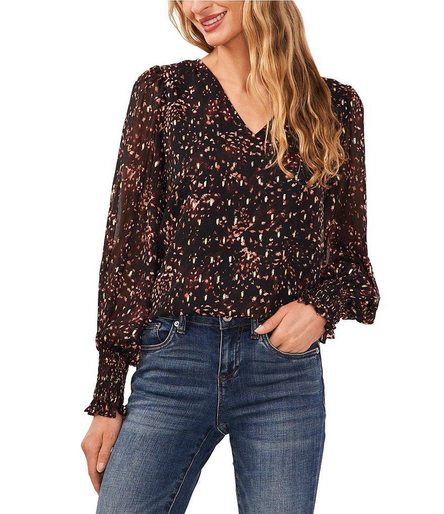 CeCe Woven Print V-Neck Long Sleeve Blouse Product Image