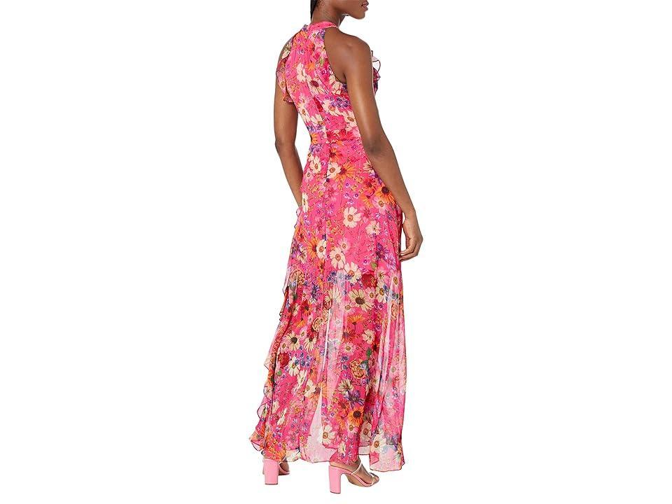 Betsy & Adam Halter Chiffon Print Ruffled Gown (Hot ) Women's Dress Product Image