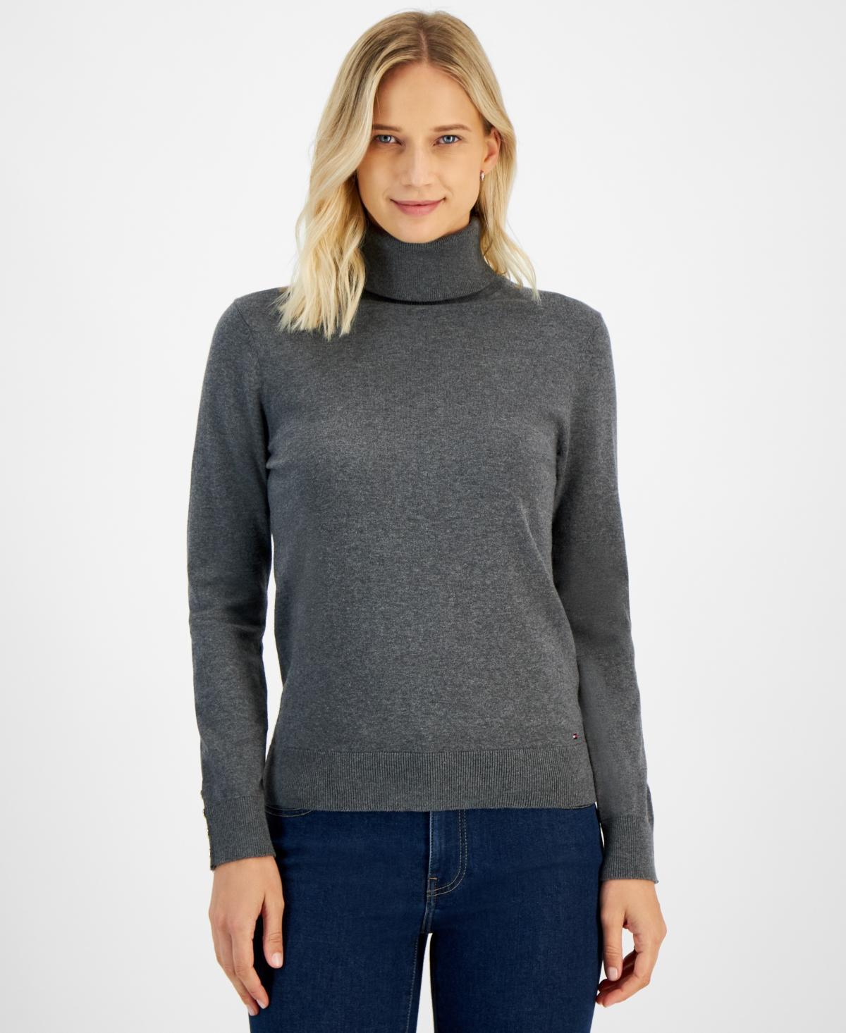 Tommy Hilfiger Womens Cotton Solid Button Cuff Turtleneck Sweater Product Image