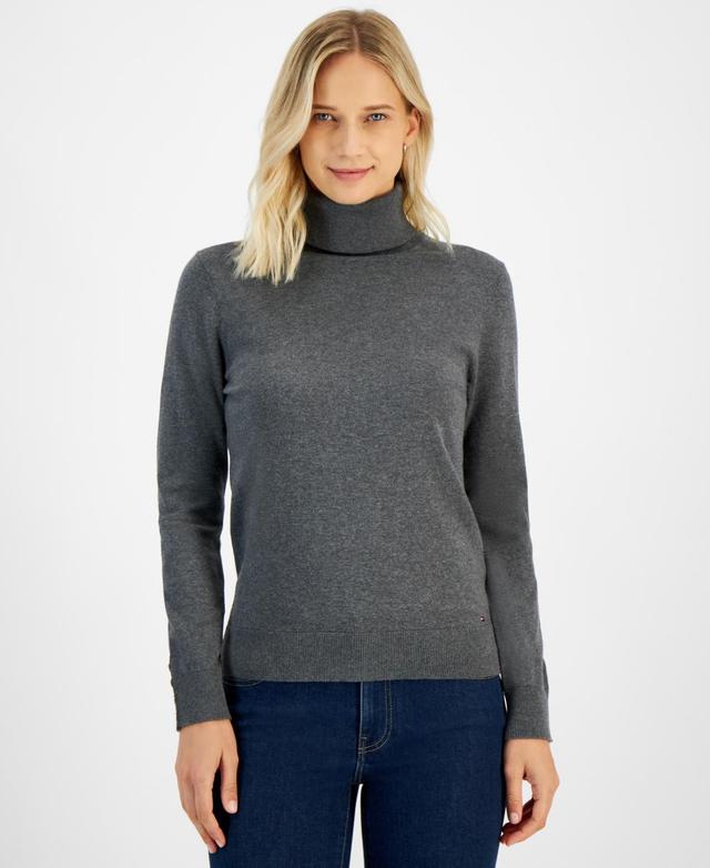 Tommy Hilfiger Womens Cotton Solid Button Cuff Turtleneck Sweater Product Image