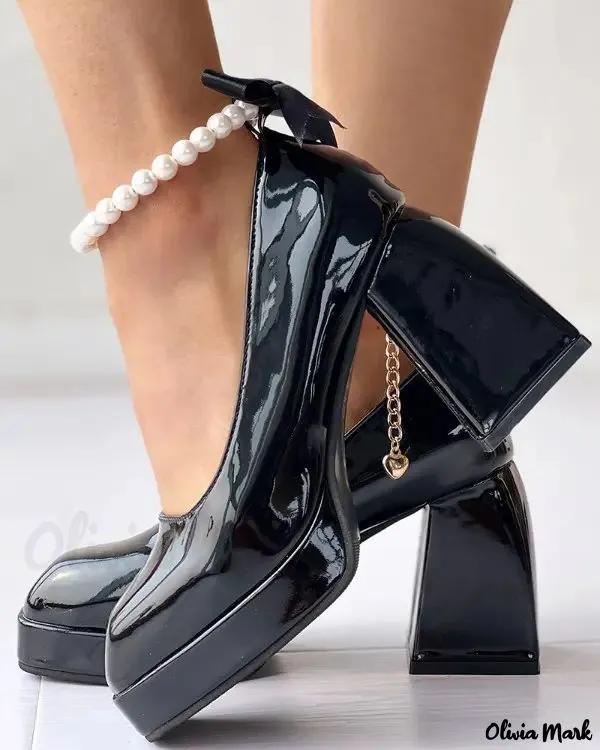 Olivia Mark – Chunky heel platform pumps with ankle strap and pearls Product Image