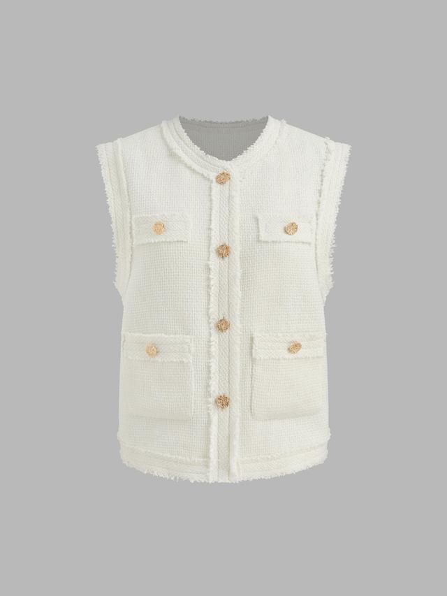 Tweed Round Neckline Solid Raw Hem Button Jacket Vest Product Image