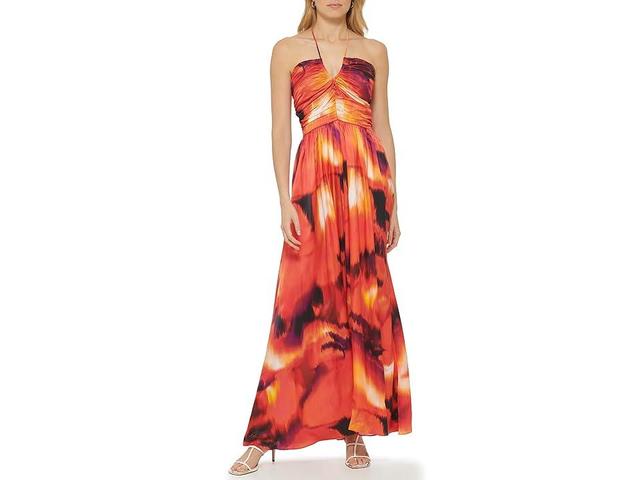 DKNY Printed Satin Ruche Front Halter Maxi Dress Persimmon) Women's Clothing Product Image