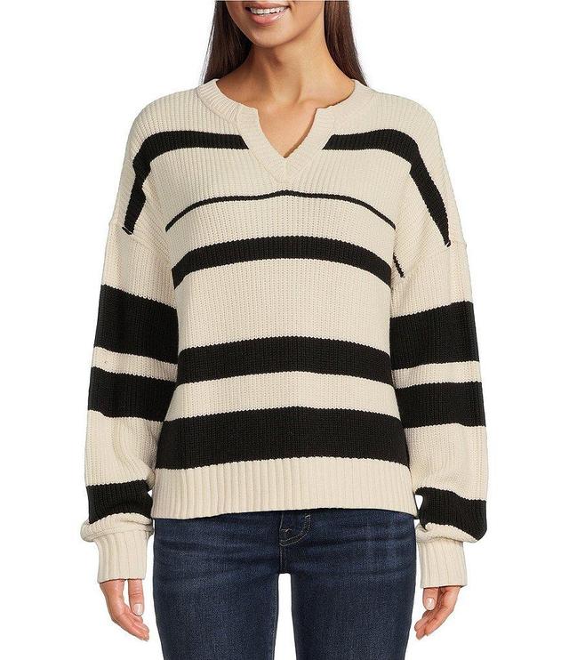 Lucky Brand Cashmere Stripe Print V-Neck Long Sleeve Pullover Sweater Product Image