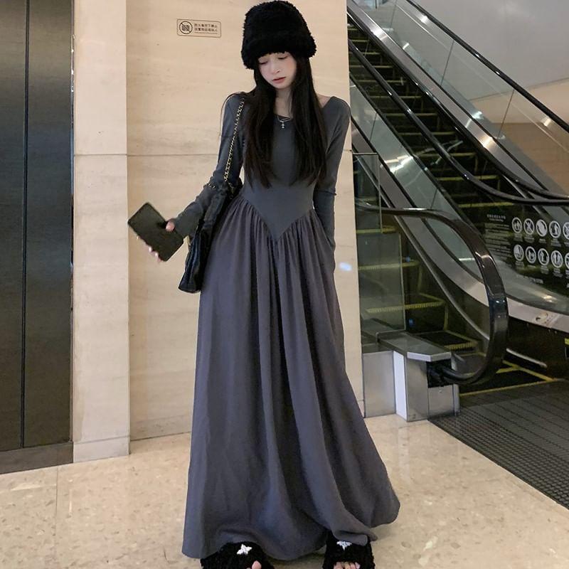 Long-Sleeve V-Neck Maxi A-Line Dress Product Image