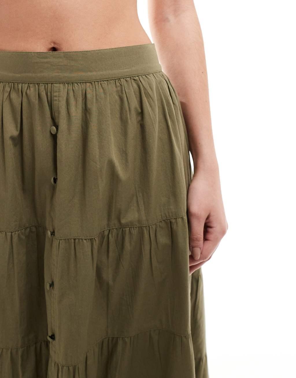 Miss Selfridge button through tiered prairie maxi skirt in khaki Product Image