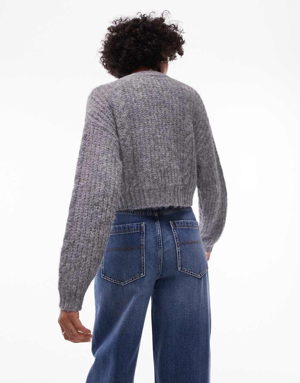 Topshop knitted cropped fluffy cable cardi in gray Product Image