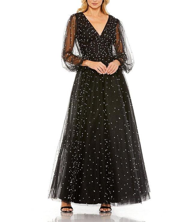 Mac Duggal Pearl Beaded V-Neck Long Sheer Puff Sleeve A-Line Gown Product Image