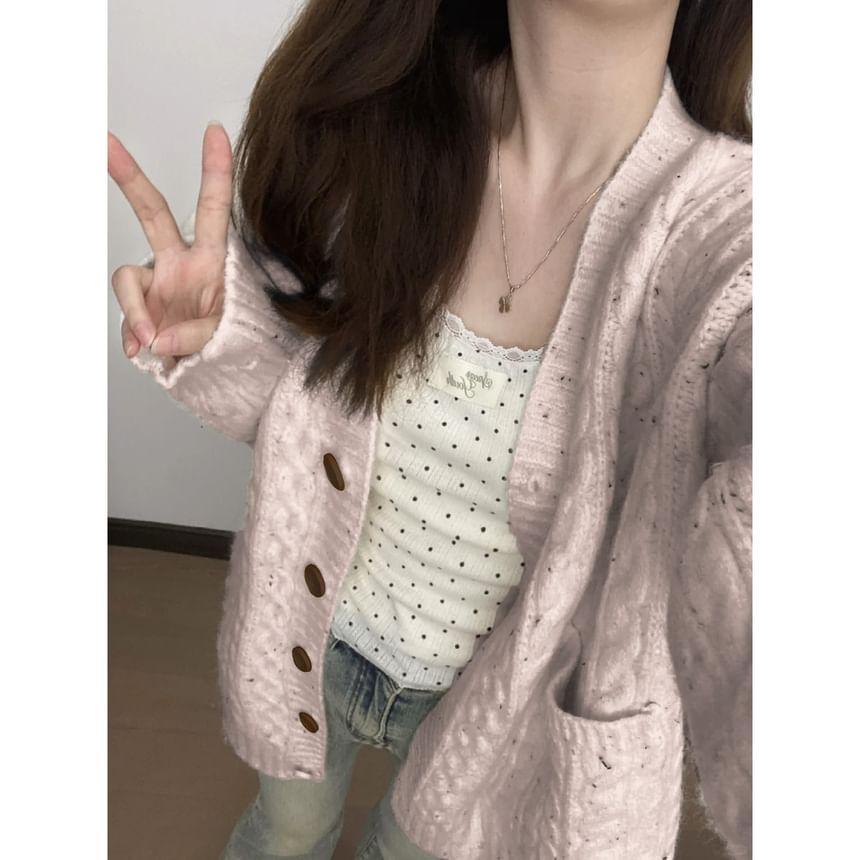 V-Neck Speckle Cable Knit Button-Up Cardigan Product Image