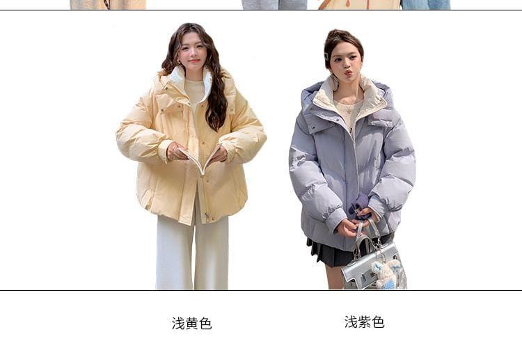 Stand Collar Two Tone Hooded Zip-Up Puffer Jacket Product Image