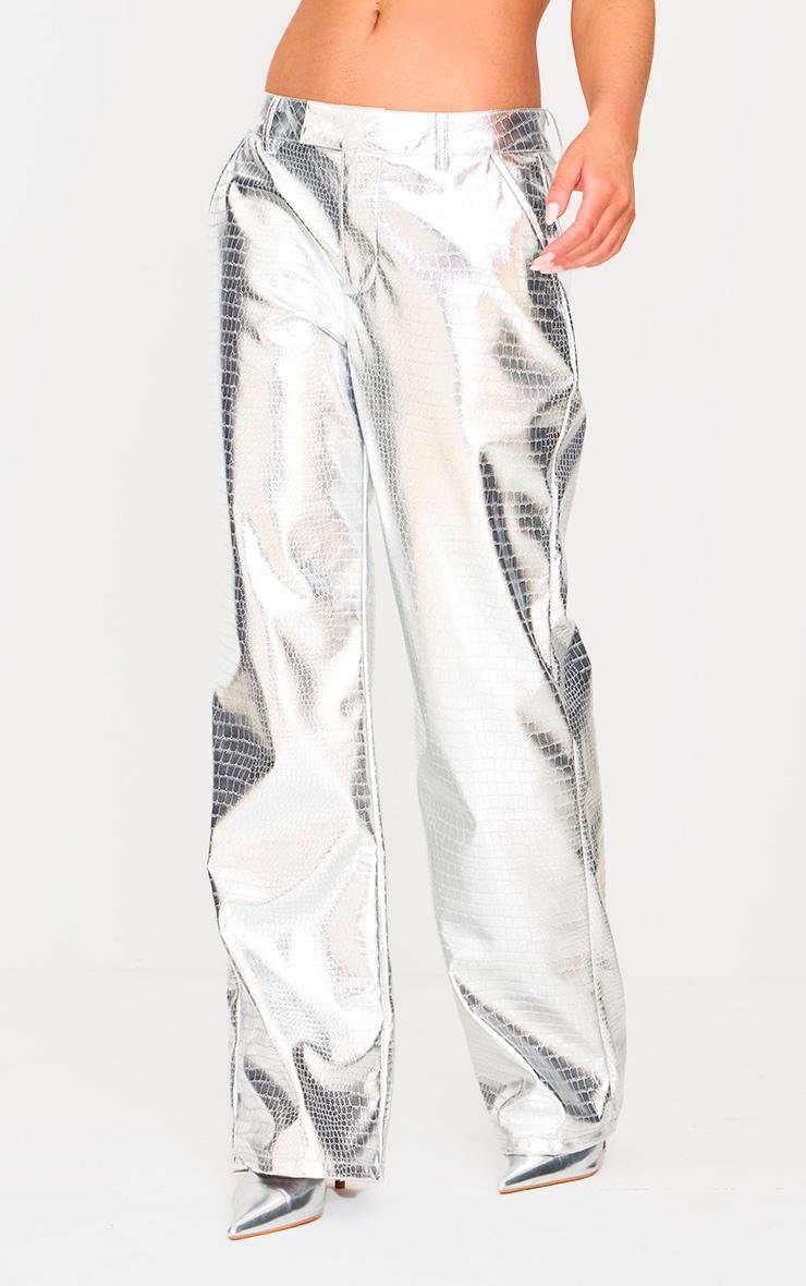 Silver Metallic Crocodile Faux Leather Pants Product Image