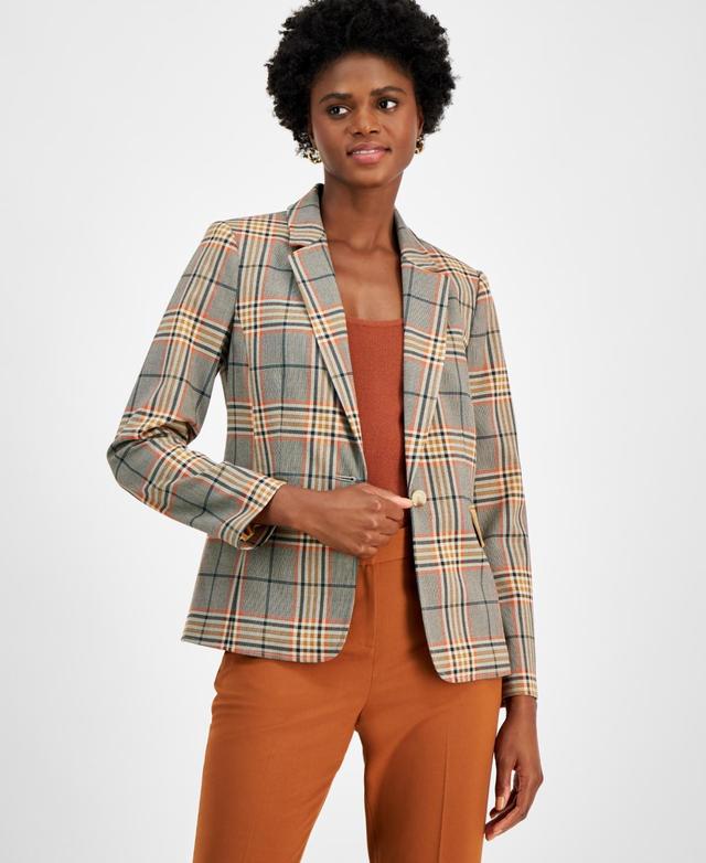 Women's Plaid One-Button Suede-Pocket Jacket Product Image