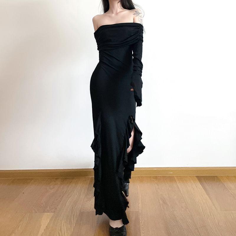 Long-Sleeve Off Shoulder Frill Trim Plain Maxi Sheath Dress Product Image