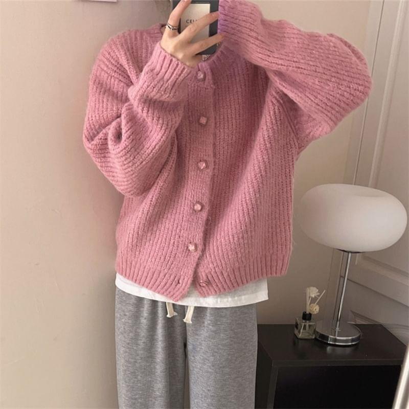 Crew Neck Plain Button-Up Cardigan Product Image