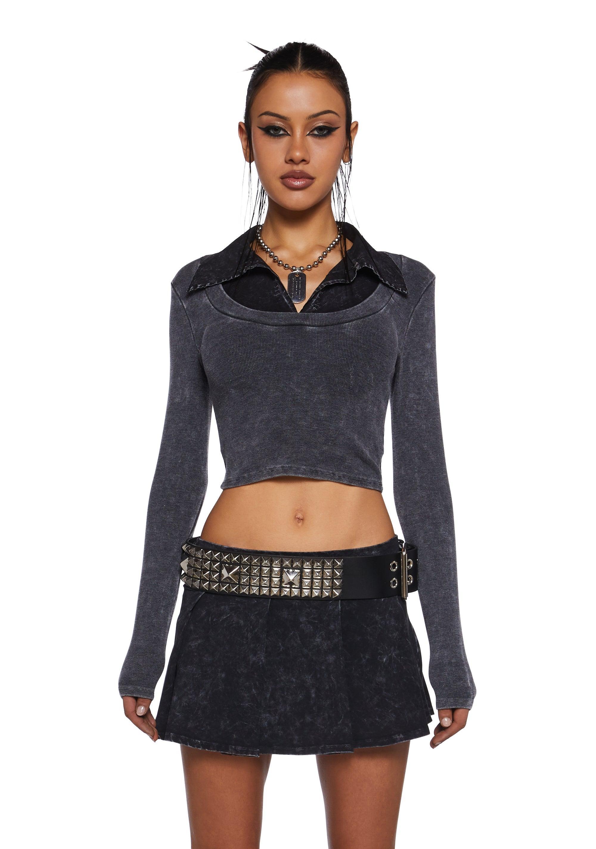 Ribbed Acid Wash Collared Long Sleeve Top And Pleated Mini Skirt - Black product image