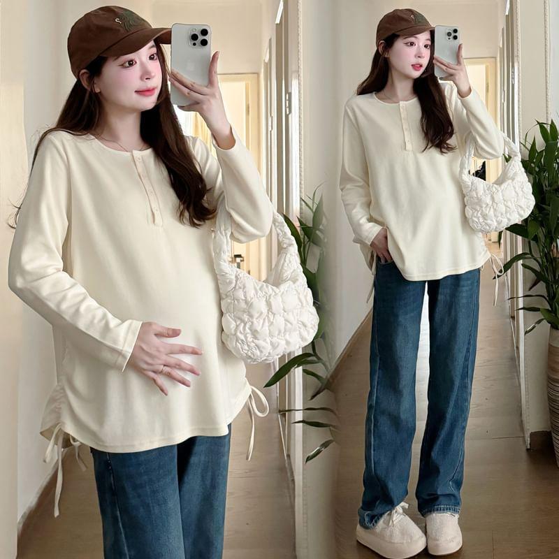 Maternity Long-Sleeve Henley Plain Drawstring Tee Product Image