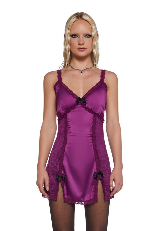 Lace Satin Bow Lace-Up Slip Dress Sugar Thrillz - Purple Product Image