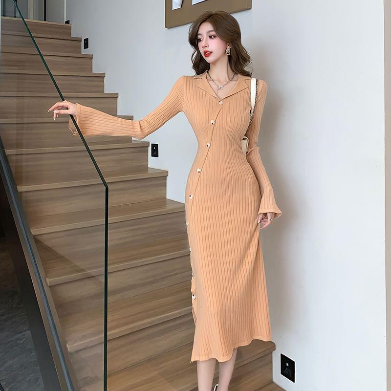 Long-Sleeve Lapel Collar Plain Button-Up Slit Midi Sheath Knit Dress Product Image