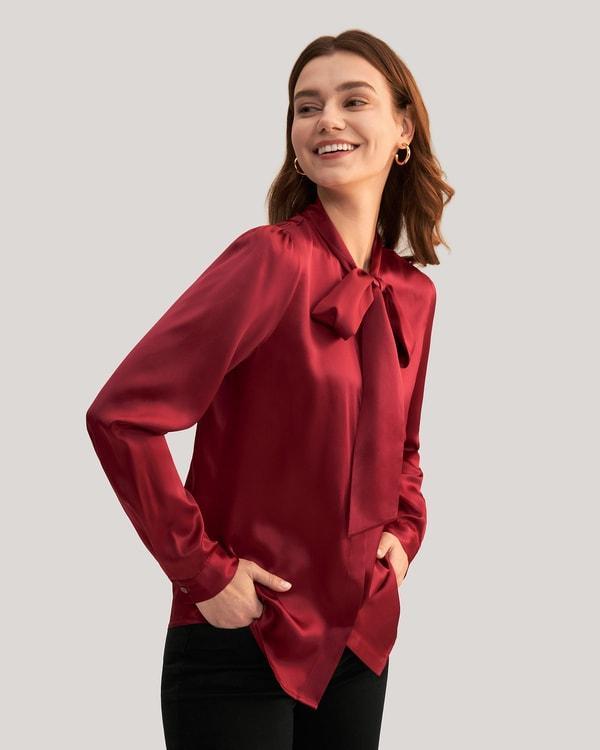 Women Bow-tie Neck Silk Blouse Product Image