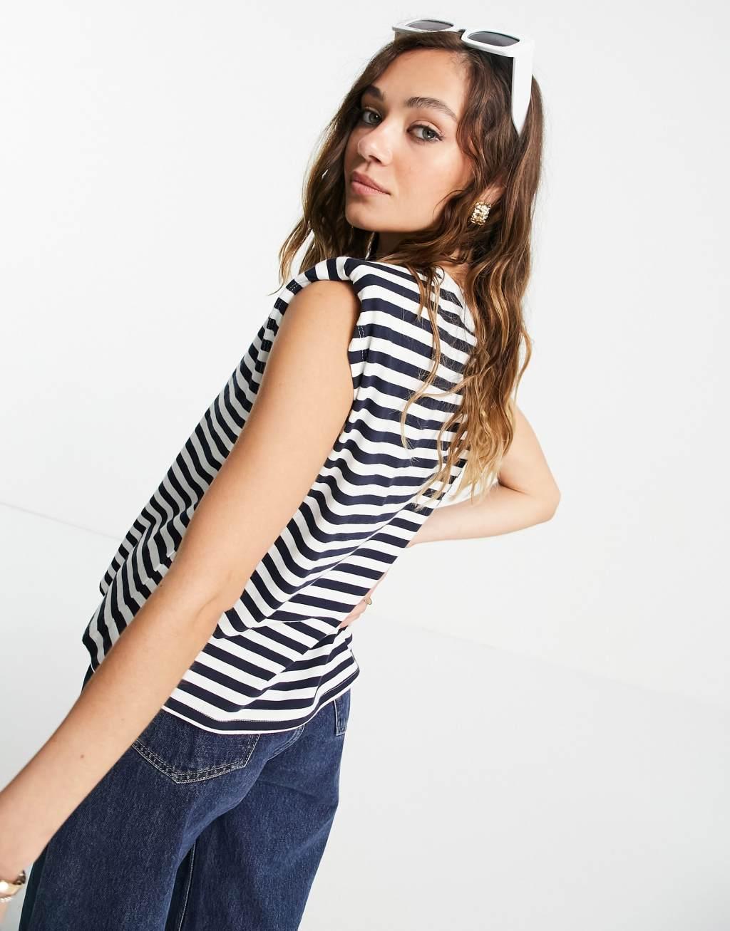 Only tank top with shoulder pads in navy stripe Product Image