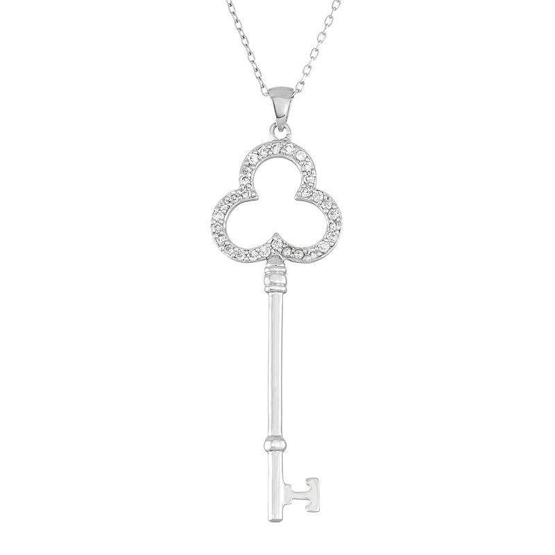 Sterling Silver Cubic Zirconia Key Pendant Necklace, Womens White Product Image